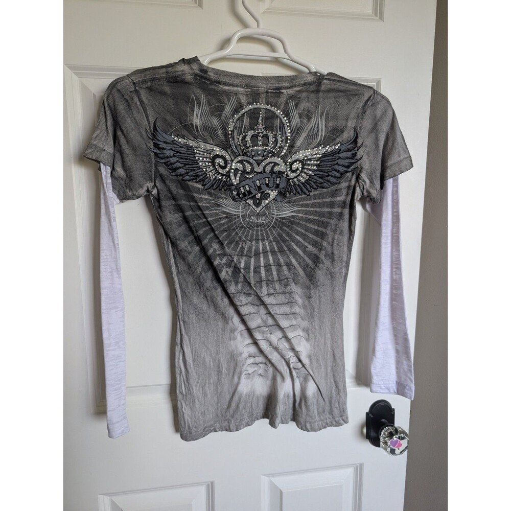 SINFUL AFFLICTION Y2K 00s Wing Bling Long Sleeve Shirt Layered Crest Biker - Picture 7 of 9
